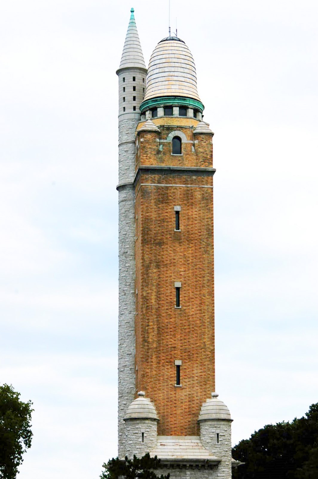 Full view of the Compton Hill Water Tower showing terra cotta and limestone detail