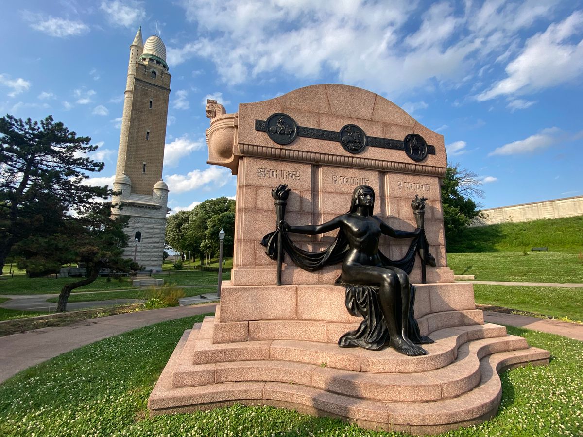 The Naked Truth — bronze and granite memorial by George Julian Zolnay, 1914, in Compton Hill Reservoir Park